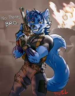 anthro biped bottomwear claws clothed clothed_anthro clothed_male clothing fingers front_view fully_clothed fully_clothed_anthro fully_clothed_male fur gloves gun hair handwear male ranged_weapon smile solo standing tail teeth topwear weapon fivel canid canine canis mammal wolf 2026 digital_drawing_(artwork) digital_media_(artwork) hi_res