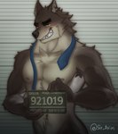 anthro armpit_hair black_eyebrows black_nose blue_necktie blush body_hair brown_body brown_fur chart cheek_tuft chest_tuft clothed clothing eyebrows facial_tuft fur grin head_tuft height_chart holding_object holding_sign imperial_unit inner_ear_fluff jail_placard male male_anthro measurements necktie nipples number placard police_lineup sign smile smug solo tan_body tan_fur topless tuft unit untied_necktie yellow_eyes sir_arion dreamworks the_bad_guys mr._wolf_(the_bad_guys) canid canine canis mammal wolf 2021 absurd_res digital_media_(artwork) digital_painting_(artwork) hi_res signature