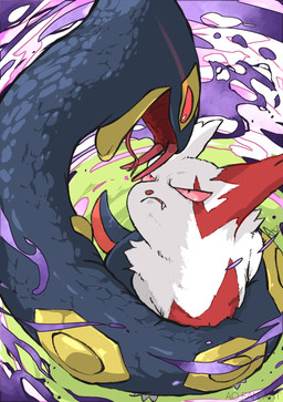 ambiguous_gender angry anthro biped black_body coiling coiling_another coiling_around_body duo fangs feral forked_tongue frown fur legless looking_at_another markings narrowed_eyes no_sclera open_mouth red_eyes red_markings red_mouth scowl semi-anthro serpentine teeth text tongue white_body white_fur yellow_markings yuuji7604 nintendo pokemon generation_3_pokemon pokemon_(species) reptile scalie seviper snake zangoose artist_name digital_drawing_(artwork) digital_media_(artwork) hi_res