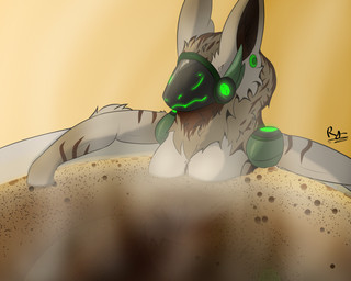 anthro bath bathing beverage breasts brown_body brown_fur coffee eyes_closed featureless_breasts female fur machine multicolored_body multicolored_fur nude partially_submerged protogen_visor relaxing screen screen_face simple_background solo thick_thighs white_body white_fur wide_hips ryshokka_syre protogen 2022 5:4 digital_media_(artwork) hi_res signature