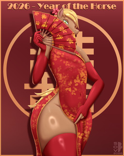 ambiguous_gender anthro armwear asian_clothing background_text bedroom_eyes blonde_hair chinese_clothing chinese_dress clothing clothing_aside clothing_pull dress east_asian_clothing elbow_gloves flower gloves green_eyes hair handwear hibiscus holding_fan holding_object holidays legwear looking_at_viewer narrowed_eyes plant seductive side_slit side_slit_dress slit_dress solo squish stockings tail thick_thighs thigh_squish wide_hips sovulsen chinese_new_year lunar_new_year equid equine horse mammal absurd_res hi_res female_(lore)
