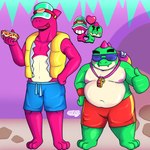 anthro blush_marks clothing cutaway duo eyewear food hot_dog life_jacket lifeguard male nipples slightly_chubby slightly_chubby_male sunglasses swimming_trunks swimwear whistle_(object) murderdroid_(artist) brawl_stars supercell_(company) buzz_(brawl_stars) doug_(brawl_stars) dinosaur prehistoric_species reptile scalie 1:1 hi_res