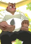 anthro bottomwear brown_body bulge clothing humanoid_hands kemono male musclegut muscular overweight overweight_male pants plant shirt sitting solo topwear wnsgh2466 knights_college hermann_(knights_college) mammal suid suina sus_(pig) wild_boar 2023 absurd_res hi_res