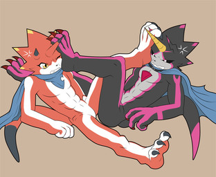 abs angry anthro cape claws clothing cross-popping_vein duo evolutionary_family feet foot_fetish foot_on_face horn male male/male pecs scarf sharp_teeth teeth tmdduq6918 bandai_namco digimon betelgammamon digimon_(species) gulusgammamon scalie hi_res brother_(lore) brothers_(lore) sibling_(lore)