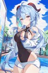 beverage blue_hair blush breasts clothing female hair horn looking_at_viewer outside pool purple_eyes smile soda soda_bottle solo swimwear thick_thighs houk1se1 genshin_impact mihoyo ganyu_(genshin_impact) horned_humanoid humanoid mammal absurd_res hi_res