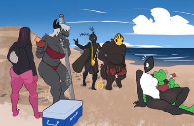 1_eye 2_antennae 2_horns 3_toes antennae_(anatomy) anthro ball barefoot beach big_breasts big_butt bikini black_antennae black_body black_clothing black_eyes black_fur black_horn black_nipples black_one-piece_swimsuit black_scales black_sclera black_skin black_swimwear black_tail black_wings blue_sky blush blush_lines bottomwear breasts brown_bottomwear brown_clothing brown_shorts bulge butt cleavage clothed clothing cloud day exoskeleton eyes_closed featureless_legs feet female female_anthro female_humanoid floating_head footsteps fur gesture green_body green_skin grey_body grey_breasts grey_hair grey_nipples grey_skin group hair hand_gesture holding_object holding_volleyball horn insect_wings lepidopteran_wings looking_at_another male male_anthro moth_antennae navel nipples one-piece_swimsuit one_eye_closed one_eye_half-closed open_mouth outside pink_butt pointing pointing_at_another purple_body purple_exoskeleton red_bikini red_clothing red_eyes red_swimwear sand scales sea shorts sitting sky slightly_chubby slightly_chubby_anthro slightly_chubby_male smile standing swimwear tail toes trio two-piece_swimsuit volleyball_(ball) water white_blush white_cloud white_eyes white_one-piece_swimsuit white_sclera wings kanekuo bea_(fr0gv0re) brand_(fr0gv0re) clara_(fr0gv0re) frogdor prisma_(fr0gv0re) voladile_(fr0gv0re) amphibian arthropod crocodile crocodilian frog humanoid insect lepidopteran monster moth reptile scalie shape_head 2024 watermark