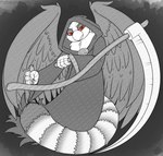 anthro beak clothed clothing feathered_wings feathers holding_object male melee_weapon polearm robe scythe simple_background solo tail weapon wings drxii mythology death_(personification) grim_reaper grimm_(grimmagent) avian gryphon mythological_avian mythological_creature digital_media_(artwork) hi_res
