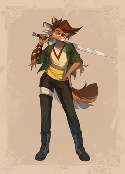 5_fingers ambiguous_gender anthro biped boots bottomwear brown_body brown_fur brown_hair brown_tail claws clothed clothed_ambiguous clothed_anthro clothed_female clothing ear_piercing female finger_claws fingers footwear front_view fully_clothed fully_clothed_ambiguous fully_clothed_anthro fur green_eyes hair hand_on_hip hand_on_own_hip holding_melee_weapon holding_object holding_sword holding_weapon inner_ear_fluff melee_weapon open_clothing open_topwear pants piercing shoes simple_background smile solo standing sword tail topwear tuft weapon cordi domestic_cat felid feline felis mammal 2025 digital_drawing_(artwork) digital_media_(artwork) hi_res