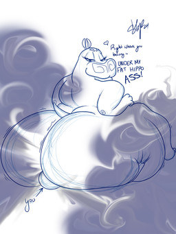 ambiguous_gender anthro big_butt blue_fart_cloud butt dialogue duo facesitting fart fart_cloud fart_fetish farting_on_another female huge_butt looking_back nude sitting sitting_on_another smile text olslappo02 dreamworks madagascar_(series) gloria_(madagascar) ych_(character) ambiguous_species common_hippopotamus hippopotamid mammal 3:4 absurd_res english_text hi_res signature