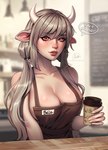 apron blurred_background brown_apron brown_clothing clothing female female_humanoid front_view glistening glistening_eyes grey_hair hair long_hair looking_at_viewer red_eyes solo tan_body tan_skin text marie_merkh i_mean_breast_milk animal_humanoid bovid bovid_humanoid bovine bovine_humanoid cattle_humanoid humanoid mammal mammal_humanoid artist_name hi_res meme signature