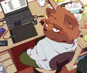 anthro blush bottomwear brown_body brown_fur clothed clothing computer detailed_background electronics fur hoodie humanoid_hands kemono male pants penis_drawing phone sitting solo topwear ch3cooh1231 canid canine canis domestic_dog mammal 2017 6:5