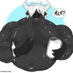 anthro belly big_belly big_breasts bodily_fluids breast_milking breasts container cup hair horn lactating male male_lactation milac milk moobs muscular overweight overweight_male red_eyes solo white_hair addicted_demon bovid bovine cattle mammal 1:1 hi_res