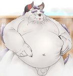 anthro balls belly belly_focus eyebrows flaccid fur genitals horn male moobs navel nipples nude overweight penis solo thick_eyebrows white_body white_fur peto3001 lifewonders tokyo_afterschool_summoners behemoth_(tas) monster hi_res