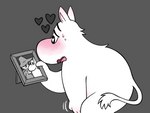 anthro back_tuft biped blush blush_lines bodily_fluids eyebrows grey_background heart_eyes heart_symbol holding_object human itsamehornio male mammal masturbation moomin moomintroll motion_lines neck_tuft open_mouth penile penile_masturbation picture_frame prick_ears simple_background snufkin solo sweat sweatdrop sweaty_face tail tail_tuft the_moomins tongue troll_(mythology) tuft