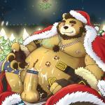 1:1 2019 anthro balls bear belly blush bodily_fluids bottomwear brown_body brown_fur censored christmas christmas_clothing christmas_headwear clothing cookie cum cum_on_belly cum_on_body cum_on_penis cute_fangs erection food fur genital_fluids genitals hat headgear headwear hi_res holidays humanoid_genitalia humanoid_penis male mammal moobs mtflying30371 navel night nipples outside overweight overweight_anthro overweight_male pants penis pubes santa_claus santa_hat solo underwear