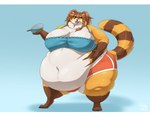 anthro belly big_belly big_breasts bottomwear bra braided_hair breasts brown_body brown_claws brown_fur brown_hair claws clothing cutlery digitigrade dish ears_up feederism female fur hair hand_on_belly huge_belly huge_thighs kitchen_utensils navel obese obese_female one_eye_closed open_mouth overweight overweight_female pointy_ears prick_ears red_eyes shorts simple_background solo spoon thick_arms thick_thighs tools underwear white_body white_fur wide_hips yellow_body yellow_fur biglovealicia canid canine fox hybrid mammal procyonid raccoon 2024 cel_shading digital_media_(artwork) full-length_portrait hi_res letterbox portrait shaded signature