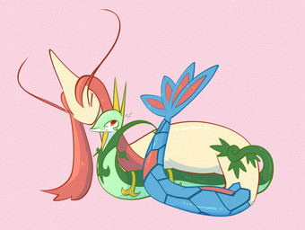 ambiguous_feral ambiguous_gender antennae_(anatomy) apode blue_body blue_fin blue_scales blue_tail_fin blush blush_lines bodily_fluids curled_tail duo feral fin green_body green_markings hair leaf legless looking_away markings multicolored_body multicolored_skin multicolored_tail number pink_background pupils red_antennae red_body red_eyes red_hair red_scales red_sclera red_tail_fin scales serpentine simple_background slit_pupils snout sweat sweatdrop tail tail_fin tan_body text two_tone_body two_tone_skin white_pupils white_sclera yellow_ears yellow_markings momensarada nintendo pokemon generation_3_pokemon generation_5_pokemon milotic pokemon_(species) serperior 2023 absurd_res colored full-length_portrait hi_res japanese_text portrait