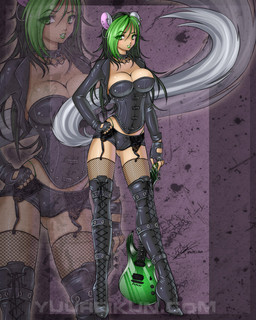 biped breasts clothing collar ear_piercing electric_guitar female footwear green_eyes green_hair green_lipstick guitar hair high_heels lipstick makeup multicolored_hair musical_instrument piercing plucked_string_instrument shoes solo string_instrument tail two_tone_hair yuureikun emerald_(yuureikun) humanoid tailed_humanoid 2010 digital_media_(artwork) full-length_portrait portrait