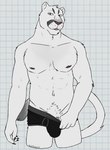 abs anthro barely_visible_genitalia biped black_body black_briefs black_claws black_clothing black_fur black_underwear body_hair briefs briefs_only briefs_pull bulge checkered checkered_background claws clothed clothing clothing_pull fur genitals happy_trail long_tail looking_at_viewer male male_anthro muscular muscular_anthro muscular_male navel nipples open_mouth partially_clothed partially_clothed_male pattern_background pecs pink_nipples pink_nose pubes pubes_exposed red_eyes simple_background solo standing tail topless underwear underwear_only underwear_pull whiskers white_background white_body white_fur white_sclera unsafescapewolf echo_(series) echo_project the_smoke_room samuel_ayers cougar felid feline mammal 2024 digital_drawing_(artwork) digital_media_(artwork) hi_res portrait three-quarter_portrait