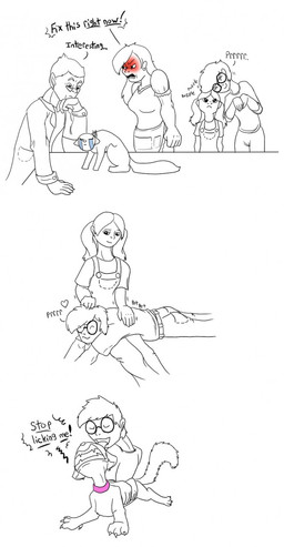 age_difference angry apron bodily_fluids body_swap clothing coat crying dialogue enjoying eyelashes eyewear female fur glasses hair happy housewife interested lab_coat licking long_hair looking_down looking_up male older_female older_male ponytail purring scientist short_hair speech_bubble tears tongue topwear young young_female young_male nighjilax domestic_cat felid feline felis human mammal hi_res