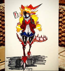 anthro backpack blonde_hair clothed clothing exclamation_point eyewear female glasses hair latex looking_up machine metal open_mouth red_eyes simple_background solo walking gynoidherring pepper_(gynoidherring) android robot scalie absurd_res hi_res