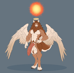 abs animal_genitalia anthro ball_tuft balls big_balls big_penis ears_up feathered_wings feathers flaccid foreskin fur genitals hair halo hand_on_hip huge_balls huge_penis humanoid_genitalia humanoid_penis hybrid_genitalia hybrid_penis looking_at_viewer male multi_eye multicolored_body multicolored_fur muscular muscular_anthro muscular_male paws penis pubes sheath sheathed_humanoid_penis smile smiling_at_viewer solo standing sun tuft wings giselle_orochi sam_hansen angel canid canine canis domestic_dog livestock_guardian_dog mammal molosser pastoral_dog spitz absurd_res hi_res