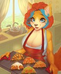 anthro apron baking_tray big_breasts black_nose blue_eyes blue_fingernails blue_hair blue_nails bread breasts cleavage clothed clothing colored_nails croissant eyelashes female fingernails food hair holding_object inner_ear_fluff inside kitchen kitchen_counter looking_at_viewer markings mole_(marking) nails open_mouth orange_hair pastry sink solo tuft varollis grace_kaiser canid canine fox mammal absurd_res digital_media_(artwork) hi_res shaded