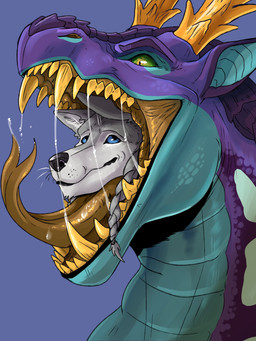 almost_fully_inside anthro blue_background blue_body blue_eyes bodily_fluids duo fangs feral forked_tongue fur glistening glistening_eyes grey_body grey_fur head_in_mouth horn in_mouth in_throat male mouth_closed mouth_shot multicolored_body multicolored_scales open_mouth oral_head_gulp oral_vore partially_inside pupils purple_body saliva saliva_on_tongue saliva_string scales simple_background slit_pupils swallowing teeth tongue unsigned vore yellow_horn yellow_insides yellow_teeth yellow_tongue swampjaws mythology canid canine canis dragon mammal mythological_creature mythological_scalie scalie wolf 3:4 absurd_res hi_res