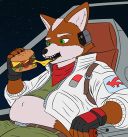 5_fingers anthro belly belt burger chair clothed clothing detailed_background eating fingerless_gloves fingers food fully_clothed furniture gloves handwear holding_burger holding_food holding_object jacket kerchief male on_chair partially_covered_belly sitting sitting_on_chair slightly_chubby solo space topwear aeronight nintendo star_fox fox_mccloud canid canine fox mammal