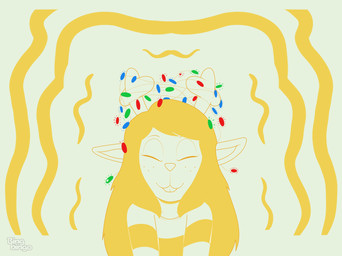 anthro antlers blonde_hair buckteeth christmas_decorations christmas_lights clothing eyelashes eyes_closed female freckled_face freckles fur hair horn long_hair pattern_clothing pattern_sweater pattern_topwear simple_background smile striped_clothing striped_sweater striped_topwear stripes sweater teeth topwear bingbingo deltarune undertale_(series) noelle_holiday deer mammal new_world_deer reindeer absurd_res hi_res watermark