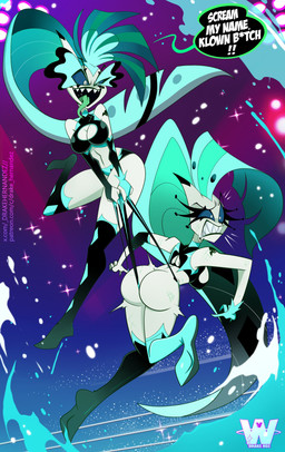 breasts butt cleavage_cutout clenched_teeth clothing cutout duo female fighting_ring teeth wedgie wedgie_fetish wrestling drakehernandez hellaverse helluva_boss glam_(helluva_boss) glitz_(helluva_boss) aquatic demon fish humanoid absurd_res hi_res sibling_(lore) sister_(lore) twins_(lore)