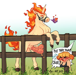 animal_genitalia animal_penis balls big_balls equine_genitalia equine_penis erection eyebrows female feral fire flaming_hair flaming_mane flaming_tail flared_penis genitals grass hair hooves horn male medial_ring penis plant pseudo_hair pseudo_mane quadruped saggy_balls solo tail text vein veiny_penis flipside nintendo pokemon jules_(flipside) tessa_(flipside) equid equine generation_1_pokemon human mammal pokemon_(species) rapidash english_text