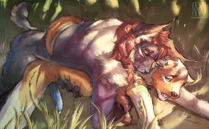 all_fours anal anthro bodily_fluids curling_tail doggystyle duo erection from_behind_position fur genital_fluids genitals hair heart_symbol hug hugging_another hugging_from_behind intimate leaking_precum male male/male male_penetrated male_penetrating nude open_mouth outside penetration penis plant precum romantic sex tail tail_hug anxy blue_(blueotto) renn_(anxy) felid feline lynx mammal mustelid otter absurd_res digital_media_(artwork) hi_res