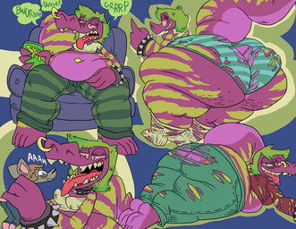 anthro armband big_tail bottomwear bra bracelet brown_hair burping clothed clothed_anthro clothed_female clothed_male clothing collar denim denim_bottomwear denim_clothing duo facial_piercing female footwear fully_clothed fully_clothed_anthro fully_clothed_female fully_clothed_male fur furniture green_bottomwear green_clothing green_hair green_jeans green_panties green_pants green_underwear grey_body grey_fur hair imminent_vore jeans jewelry male messy_hair navel navel_piercing nose_piercing overweight overweight_anthro overweight_female panties pants piercing purple_body red_clothing red_sclera red_shirt red_topwear sharp_teeth shirt size_difference smaller_male socks sofa spiked_armband spiked_bracelet spiked_collar spikes stripes tail teeth text tongue tongue_out tongue_piercing topwear torn_bottomwear torn_clothing torn_footwear torn_panties torn_pants torn_shirt torn_socks torn_topwear torn_underwear underwear yellow_stripes gulpspooky samira_(agouti-rex) gila_monster helodermatid lizard mammal monster mouse murid murine reptile rodent scalie 2020