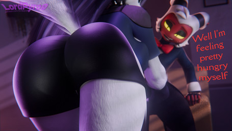 2_horns anthro big_butt bottomwear butt clothed clothed_anthro clothed_female clothed_humanoid clothed_male clothing dialogue duo female fluffy fluffy_tail freckled_face freckles fur grey_body grey_fur grey_hair hair horn imminent_sex long_hair male male/female multicolored_body multicolored_fur red_body red_skin shorts suit tail text two_tone_body two_tone_fur white_body white_fur white_hair yellow_sclera lpyro9 dogzeela_(modeler) valorlynz_(modeler) hellaverse helluva_boss mythology loona_(helluva_boss) moxxie_(helluva_boss) canid canid_demon canine demon hellhound humanoid imp mammal mythological_canine mythological_creature 16:9 2025 3d_(artwork) digital_media_(artwork) english_text hi_res widescreen