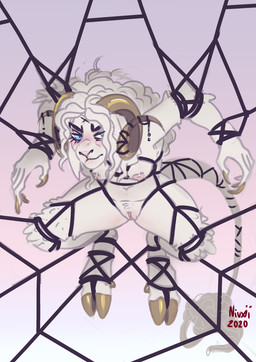 anthro bdsm blush bondage bound breasts curly_hair female forced fur genitals grumpy hair hooves horn long_hair net small_breasts solo suspension vulva white_body white_fur niuxii lucy_(niuxii) bovid caprine demon goat hybrid mammal sheep hi_res