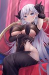 albion_(azur_lane) arm_under_breasts big_breasts black_clothing blue_eyes blush breasts clothed clothing female fingers hand_behind_head horn humanoid_pointy_ears pointy_ears pupils sitting solo thick_thighs wide_hips yuki_shuri azur_lane horned_humanoid humanoid absurd_res hi_res
