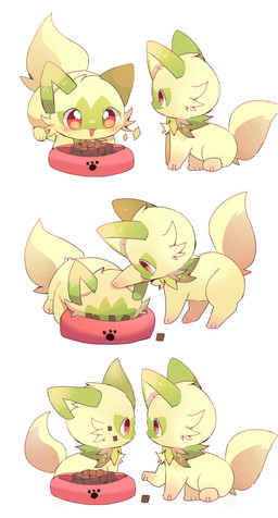 ambiguous_gender blush blush_lines bowl cheek_tuft container duo eye_contact facial_tuft feral fur green_body green_fur head_tuft looking_at_another nude open_mouth pet_bowl pet_food red_eyes simple_background sitting standing tail tuft white_background yupo_0322 nintendo pokemon generation_9_pokemon pokemon_(species) sprigatito 2025 absurd_res colored colored_sketch comic digital_drawing_(artwork) digital_media_(artwork) hi_res shaded sketch