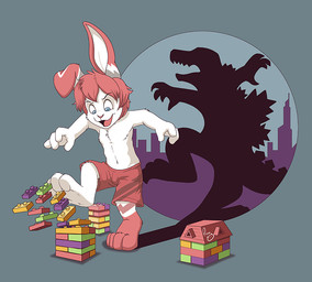 anthro blue_eyes bottomwear clothed clothing destruction fur glistening glistening_eyes hair male markings open_mouth open_smile pants playful red_bottomwear red_clothing red_hair red_markings red_nose red_pants red_shorts red_tongue shorts smile solo standing tongue topless white_body white_fur young young_anthro young_male pandapaco robby_bunny lagomorph leporid mammal rabbit