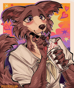 anthro beverage blush brown_body brown_fur cherry claws clothing container cup drinking drinking_glass drinking_milkshake fangs female food fruit fur glass glass_container glass_cup milkshake pawpads plant purple_eyes school_uniform snout solo teeth uniform duncedogs beastars juno_(beastars) canid canine canis mammal wolf hi_res