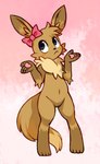 4_fingers 4_toes ambiguous_gender anthro anthrofied black_eyes brown_body brown_fur brown_hair chest_tuft cute_fangs fangs featureless_crotch feet fingers fur hair inner_ear_fluff navel open_palm pawpads paws pink_ribbon pokemorph simple_background solo tan_body tan_fur teeth toes tuft anonymous_artist nintendo pokemon eevee generation_1_pokemon pokemon_(species) hi_res