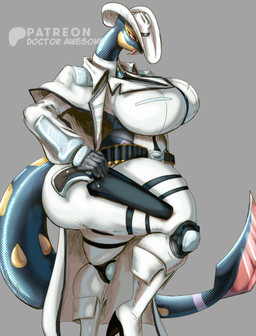 anthro anthrofied clothing coat cowboy_hat cowboy_outfit female gun gunslinger hat headgear headwear holster knee_up pose ranged_weapon topwear trenchcoat weapon doctor_awesome nintendo pokemon generation_3_pokemon pokemon_(species) reptile scalie seviper snake viper cowgirl_(disambiguation) absurd_res hi_res