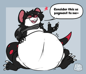abdominal_bulge ambiguous_gender anthro hand_on_belly scarf sitting solo star_symbol talking_to_prey text unseen_prey vore eclairscollection mammal mouse murid murine rodent english_text