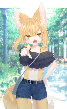 5_fingers angry anthro bag bangs belt blonde_hair blurred_background blush bottomwear cheek_tuft claws clothed clothing crossdressing cute_fangs day denim denim_bottomwear denim_clothing denim_shorts facial_tuft fangs femboy finger_claws fingers frilly frilly_clothing fur gesture hair hair_between_eyes hand_gesture hand_on_hip kemono male male_anthro multicolored_body multicolored_ears multicolored_fur navel open_mouth outside pointing pointing_at_viewer pupils shorts slit_pupils solo tail teeth tongue topwear tuft two_tone_body two_tone_fur white_body white_fur yellow_body yellow_eyes yellow_fur young young_anthro young_male haita canid canine fox mammal 2021 absurd_res alternate_version_at_source digital_media_(artwork) hi_res portrait three-quarter_portrait translated_description