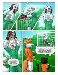 anthro ball black_body black_fur clothing embarrassed fluffy fluffy_tail fur goalkeeper grass group handwear happy holding_ball holding_object humor jersey net orange_body orange_eyes orange_fur orange_nose outside plant sky soccer soccer_ball sport stripes tail text white_body white_fur young thekc volskar canid canine canis domestic_cat felid feline felis fox mammal wolf comic english_text hi_res