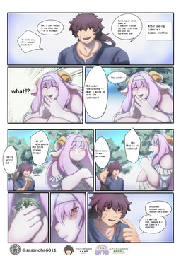 >_< anthro big_breasts black_hair blue_eyes blush border breasts brown_horn cheek_scar clothing curved_horn dialogue dress duo eyes_closed facial_scar female female_anthro frilly frilly_clothing frilly_dress fur hair horn huge_breasts long_hair male male_human motion_lines pink_hair pouting scar text white_body white_border white_fur sasanoha6011 lumeria_(sasanoha6011) wakaba_(sasanoha6011) bovid caprine goat human mammal absurd_res broken_language comic english_text hi_res