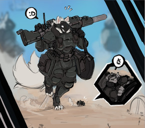 2_tails anthro armor driving duo extreme_size_difference female fluffy fluffy_tail larger_female machine male multi_tail size_difference smile tail walking thesociallyawkwardpinguin protogen hi_res