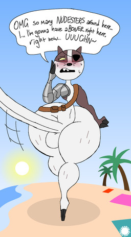 anthro balls big_penis blush bodily_fluids brown_body brown_countershading claws countershade_face countershading crossbar_emanata curvy_figure dialogue emanata erection eye_patch eyelashes eyewear fangs femboy fur genitals huge_penis hyper hyper_genitalia hyper_penis logo male metal_arm navel palm_tree penis plant small_waist solo speech_bubble sweat sweatdrop teeth text thick_thighs tree walking wasp_waist whiskers white_body white_fur wide_hips yellow_sclera thatdawgmurray cartoon_network mao_mao:_heroes_of_pure_heart badgerclops badger mammal mustelid musteline absurd_res aliasing artist_logo artist_name digital_media_(artwork) english_text hi_res signature