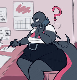 4_fingers anthro belly big_breasts big_butt big_tail biped bottomwear breasts butt cellphone cleavage clock clothed clothing desk electronics eyelashes eyewear female fingers furgonomics furniture glasses half-closed_eyes holding_object inside looking_at_viewer mature_female narrowed_eyes non-mammal_breasts office overweight overweight_anthro overweight_female phone question_mark ring shirt sitting skirt solo table tail tail_through_skirt thick_tail thick_thighs topwear watch wide_hips aimbot-jones nintendo pokemon calla_monlo generation_7_pokemon pokemon_(species) reptile salazzle scalie 2019 alternate_version_at_source hi_res