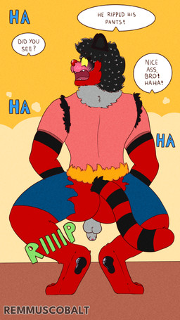anthro backsack balls bottomwear butt caught clothed clothing crouching embarrassed exposed genitals humiliation male nude pants partially_clothed penis solo tail torn_bottomwear torn_clothing torn_pants underwear wardrobe_malfunction remmus_cobalt nintendo pokemon fan_character domestic_cat felid feline felis generation_7_pokemon incineroar mammal pokemon_(species) 4k 9:16 absurd_res comic hi_res